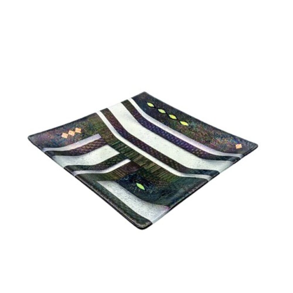 Iridescent Dichroic Square Studio Art Glass Tray - Signed